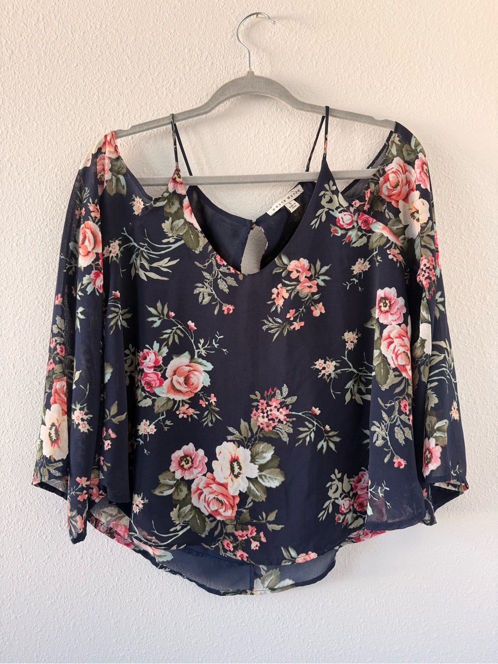 Haute Monde Navy Floral Cold-Shoulder Blouse with Pink Roses